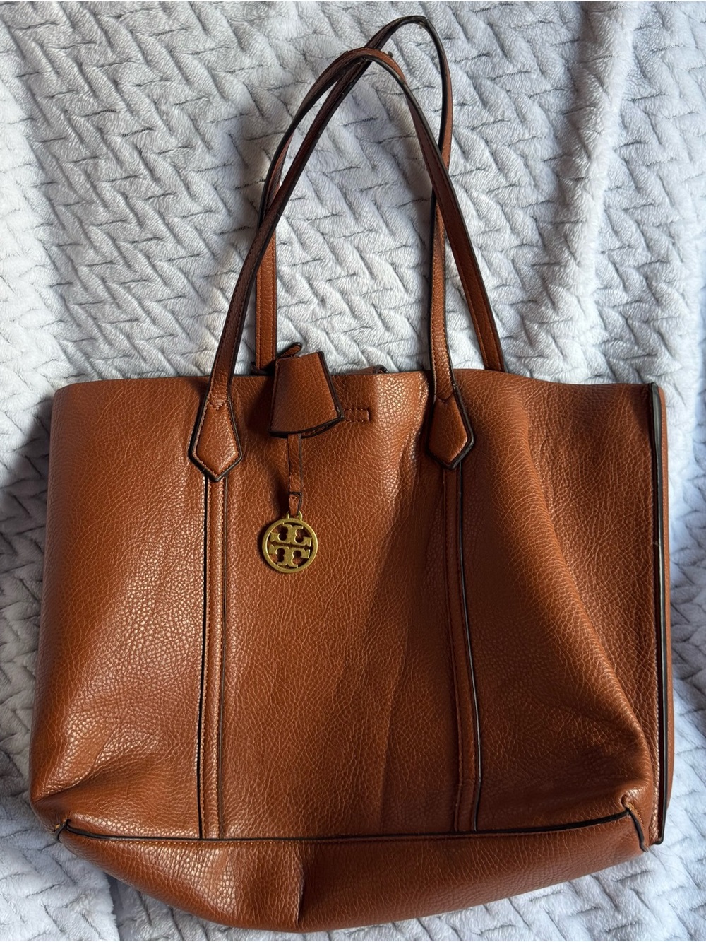 Tory Burch Cognac Pebbled Leather Tote with Gold Logo Charm
